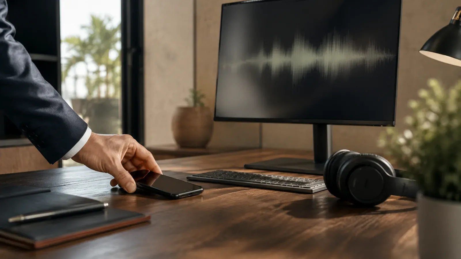 Teléfono móvil y auriculares junto a un ordenador con una onda de audio desenfocada.